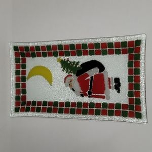 Santa Rectangle Fused Glass  Plate red and green checkered.